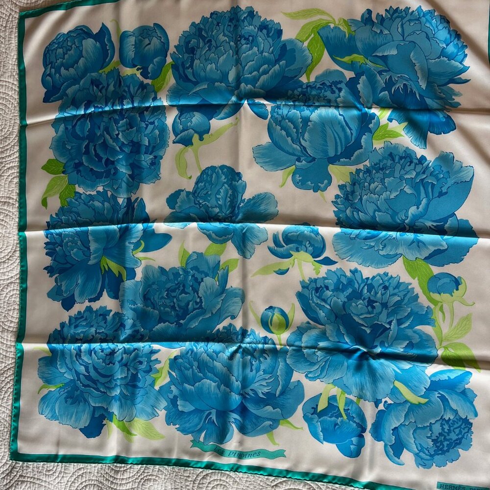 Hermes Les Piovoines in blue (The Peonies) Silk 35" sq. scarf, never worn, boxed